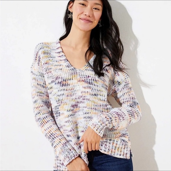 LOFT Multicolor Spacedye Double V Chunky Knit Oversized Sweater - Size XS - Picture 2 of 13